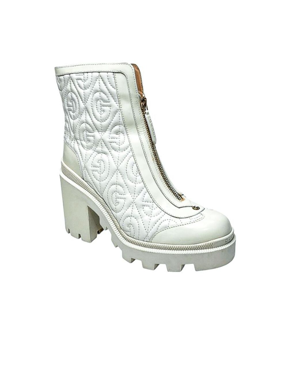 Gucci Trip Zip Front Ankle Boots EU 37 US 7 White Rhombus GG Quilted Block Heel